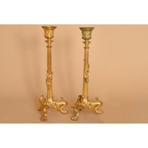 Pair Of 19th Century Bronze Candlesticks Decorated With Salamanders