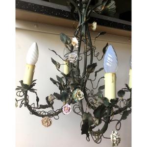 Small Chandelier In Painted Sheet Metal And Porcelain Flowers