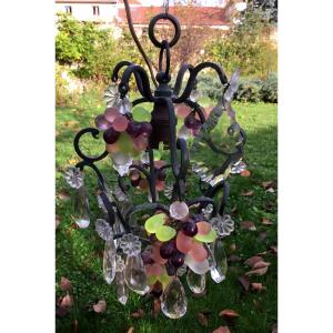 Tiny Cage Chandelier With Tassels And Translucent Bunches Of Grapes