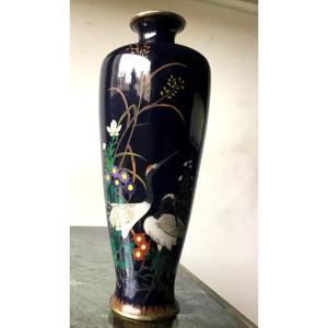 Cloisonne Vase With Silver Mounted Cranes, Japan Edo Period