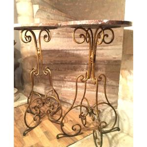 Pair Of Pedestal Tables In Wrought And Gilded Iron And Marbles