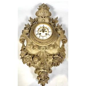 Imposing Wall Cartel In Carved Wood With Flowers 70 Cm