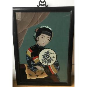 Girl With A Fan, Fixed Under Glass China Early Twentieth