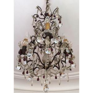 Chandelier With Pendants And Drops In White Crystal And Amethyst.