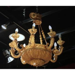 Large Golden Wood Chandelier With 8 Arms Of Light (d: 78 Cm)