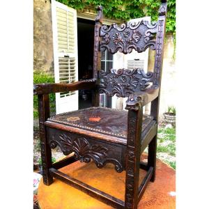 Carved Child's Armchair Covered With Cordoba Leather