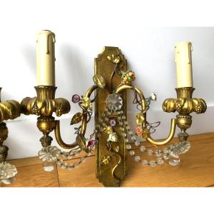 Pair Of Bronze Sconces Decor Of Porcelain Flowers