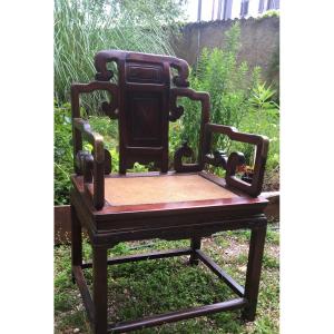 Large Chinese Armchair In Carved Exotic Wood