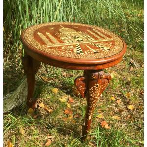 Small Inlaid Pedestal Table, Elephant Head Base
