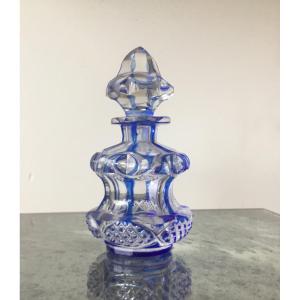 Small Covered Bottle In Cut And Blue Tinted Crystal