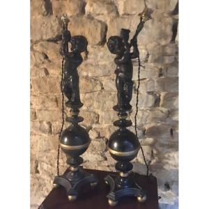 Pair Of Large Cast Iron Lamps With Putti Decor