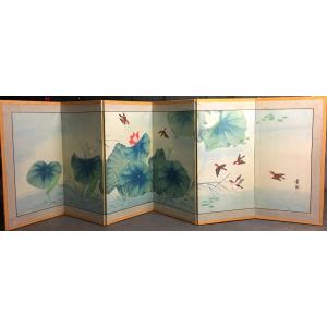 Japanese Byōbu Screen With Water Lilies Decor