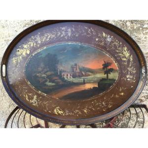 Very Large Oval Tray In Painted Sheet Metal Early 19th Century 76 Cm