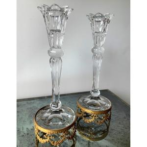 The Pair Of Dlg Crystal Candlesticks By Baccarat Gold Mount