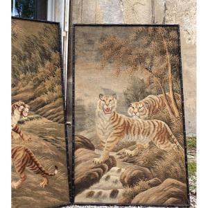 Fine Embroidery Couple Of Tigers, Japan Circa 1900