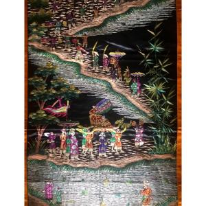 Embroidery On Black And Gold Indochina Silk Background