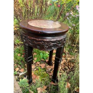 Chinese Stool Carved Exotic Wood And Marble 
