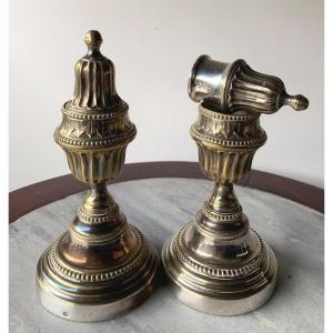 Pair Of Reversible Cassolette Candlesticks, In Louis XVI Silver Plated Metal