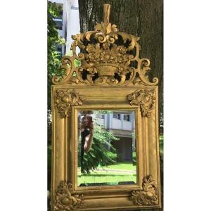Louis XIV Mirror, Molded And Gilded Wood, Heart-shaped Cartouches, 18th Century