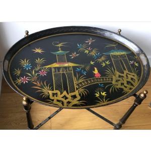 Coffee Table With Metal Base And Sheet Metal Top, Chinese Decor