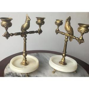 The Pair Of Candlesticks With Parakeets