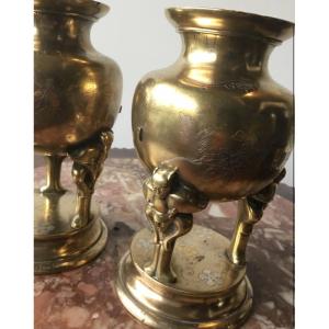 Pair Of Japanese Vases With Carriers, Three Patinas, Edo Period