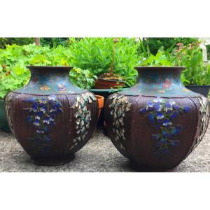 Imposing Pair Of Japanese Enamel Vases, Basketwork And Wisteria