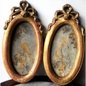 Pair Of Small Bird Paintings In Gilt Frames