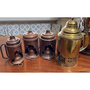 Folk Art, Collection Of 4 Copper Lamps 