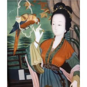 Table Fixed Coaster Woman With Parrot. Canton.