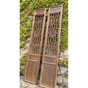 Pair Of Very Large Carved Partition Panels With Figures And Flowers, China, 19th Century