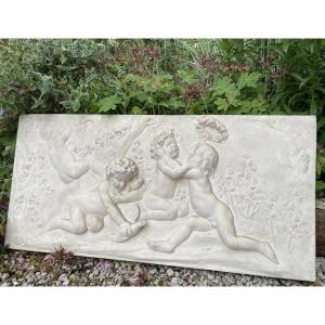 Door Overlay, Bas Relief In Plaster, "putti With Roses", Circa 1900