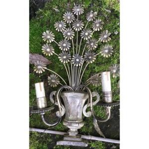 Pair Of Silver Wall Lights With Bouquets Of Daisies