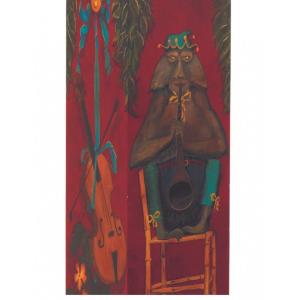 Column, Painted Sheath With Decoration Of Musical Instruments And Monkey 136 Cm Flag