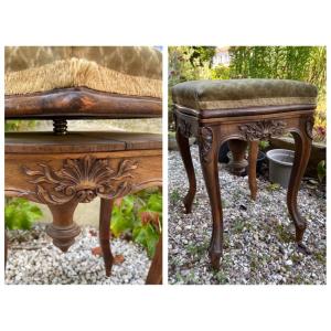 Carved Natural Wood Piano Stool