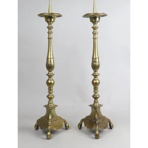 Pair Of Bronze Tripod Candlesticks, Baluster Shafts