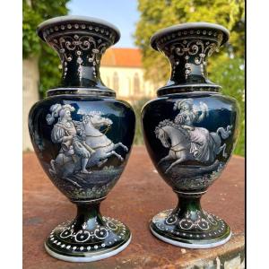 The Pair Of Small Enamelled Vases With Renaissance Decor