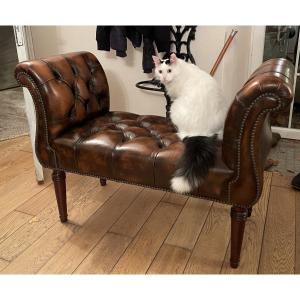 Chesterfield Window Seat Bench In Cognac Leather.