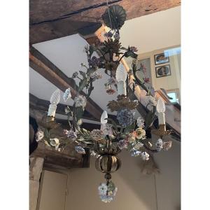 Tin Chandelier With Porcelain Flowers 
