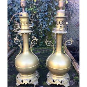 Pair Of Large Gilt Brass Oil Lamps, Napoleon III