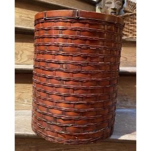 Japanese Basket Made Of Woven Bamboo, Signed 