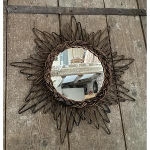 1950s Woven Wicker Sunburst Mirror