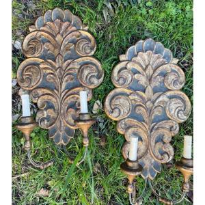 The Pair Of Large Wall Lights In Golden Wood