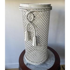 Hollywood Regency Metal Umbrella Stand With Rope And Tassel, 1950