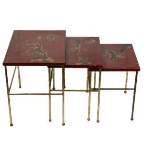 Nesting Tables By Dlg Maison Jansen In Gilded Bronze And Chinese Lacquer Tops