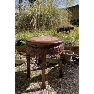 Chinese Sellette Carved Exotic Wood And Marble