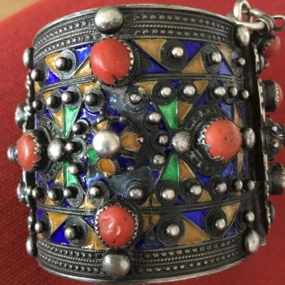 Bracelet Kabyle Berber Silver, Coral And Enamel Nineteenth