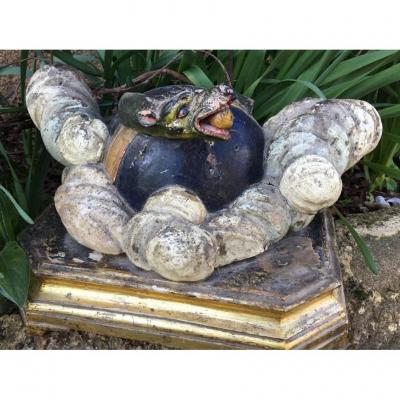 Statue Base, Polychrome Wood, Folk Art, Nineteenth