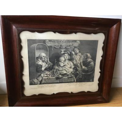 Engraving After Jordaens, Mahogany Frame, Nineteenth
