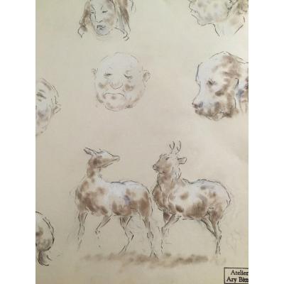 Dessin Au Fusain - Caricatures - Ary Bitter (1883-1973)